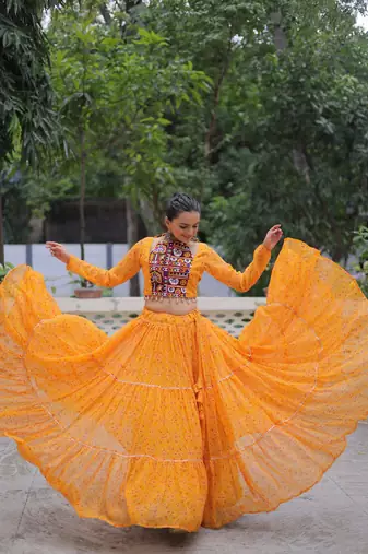 Yellow Navaratri Special Faux Georgette Bandhej Print with Gotta Patti Lace Work Lehenga Choli