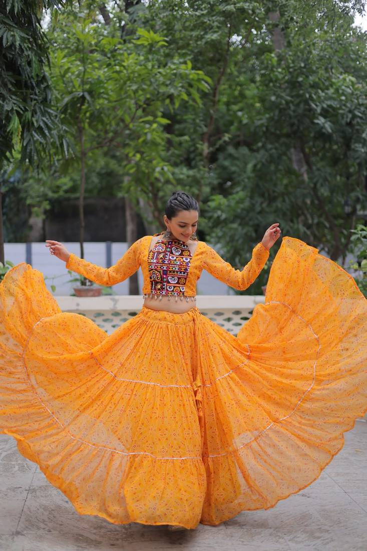Yellow Navaratri Special Faux Georgette Bandhej Print with Gotta Patti Lace Work Lehenga Choli