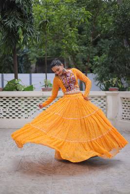 Yellow Navaratri Special Faux Georgette Bandhej Print with Gotta Patti Lace Work Lehenga Choli 7