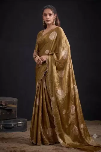 Golden silk blend embroidered saree