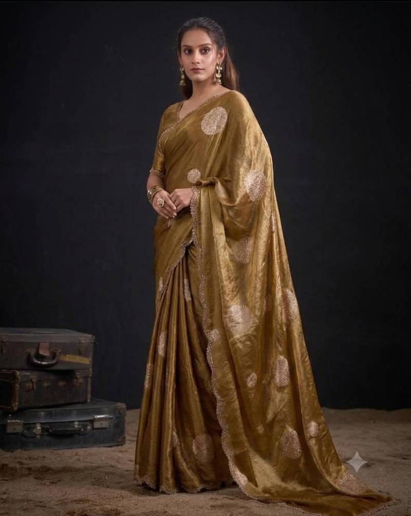 Golden silk blend embroidered saree