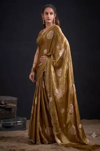 Golden silk blend embroidered saree