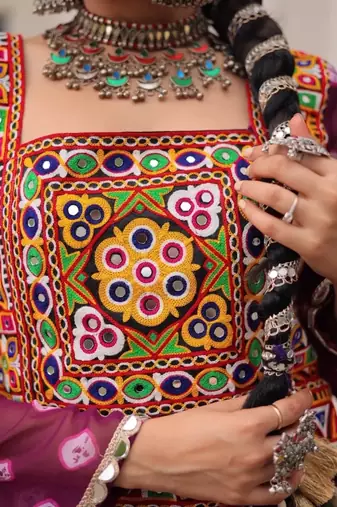 Multicolor Navaratri Special Gamathi Embellished Work Lehenga with Kutchi Work Choli
