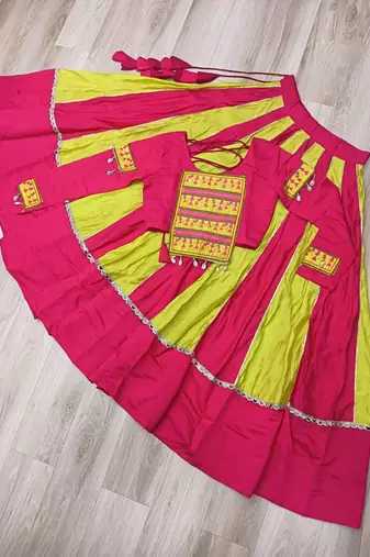 Pink Navaratri Special Mirror Lace Work Lehenga with Gamthi & Cowrie Lace work Choli