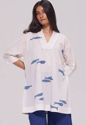 Off-white and blue cotton kurta 1