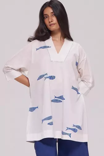 Off-white and blue cotton kurta