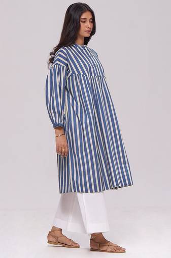 Blue and cream striped cotton kurta with white bottom set