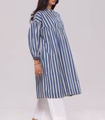 Blue and cream striped cotton kurta with white bottom set