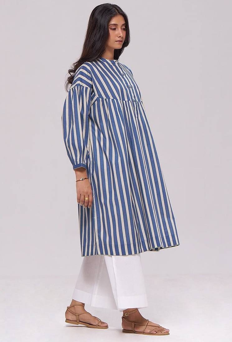 Blue and cream striped cotton kurta with white bottom set