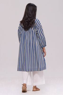 Blue and cream striped cotton kurta with white bottom set 2