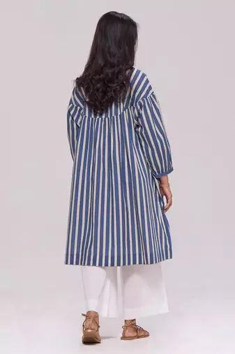 Blue and cream striped cotton kurta with white bottom set