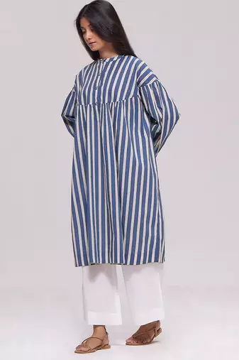 Blue and cream striped cotton kurta with white bottom set
