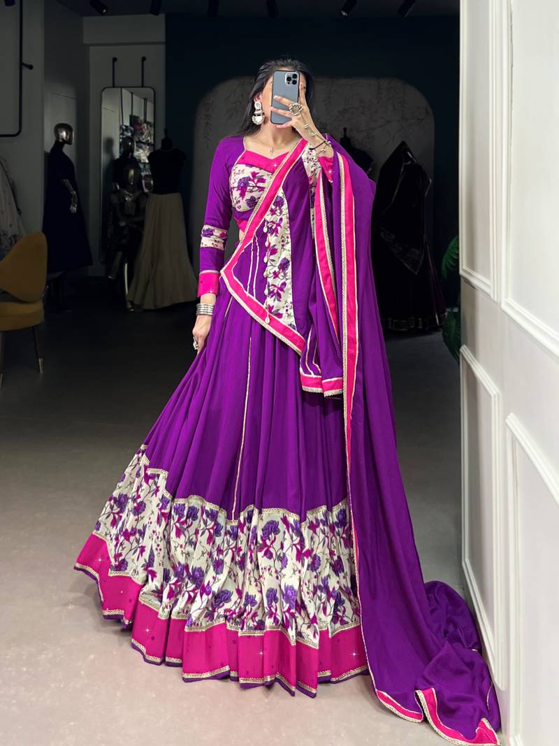 Purple Navaratri Special Pure Rayon Printed & Mirror Hand work Lehenga with Stitched Choli