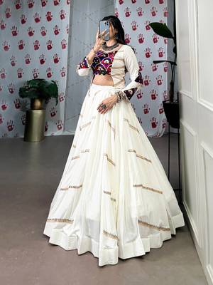 White Navaratri Special Pure Rayon Sequence Lace work Lehenga with Mirror work Stitched Choli 6
