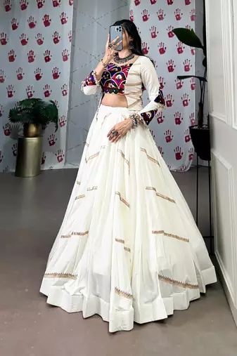 White Navaratri Special Pure Rayon Sequence Lace work Lehenga with Mirror work Stitched Choli