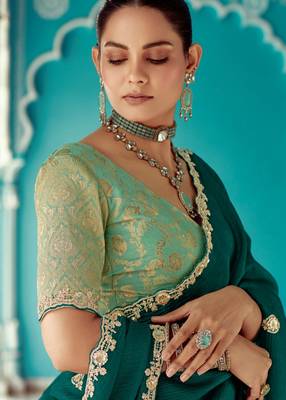 Dark green embroidery work fancy fabric saree with blouse 5