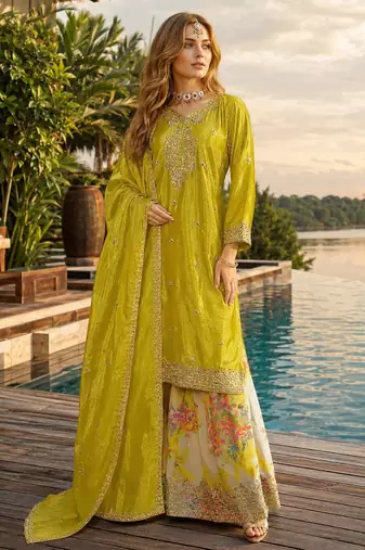 Mustard chinon free size stitched palazzo suit with codding dori & sequin work