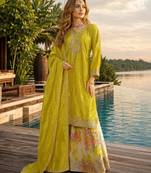 Mustard chinon free size stitched palazzo suit with codding dori & sequin work
