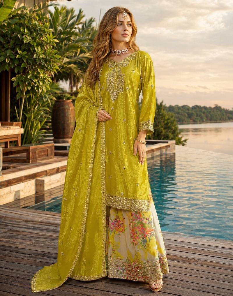 Mustard chinon free size stitched palazzo suit with codding dori & sequin work