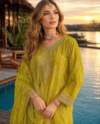 Mustard chinon free size stitched palazzo suit with codding dori & sequin work 2