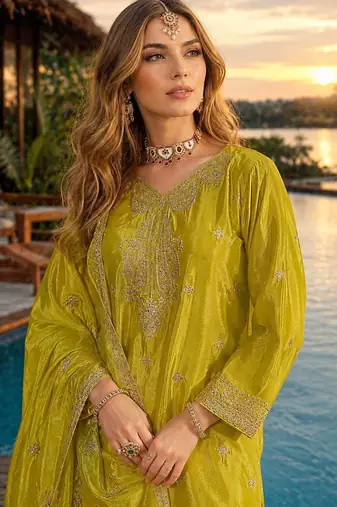 Mustard chinon free size stitched palazzo suit with codding dori & sequin work