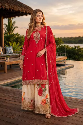 Red chinon free size stitched palazzo suit with codding dori & sequin work