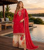 Red chinon free size stitched palazzo suit with codding dori & sequin work