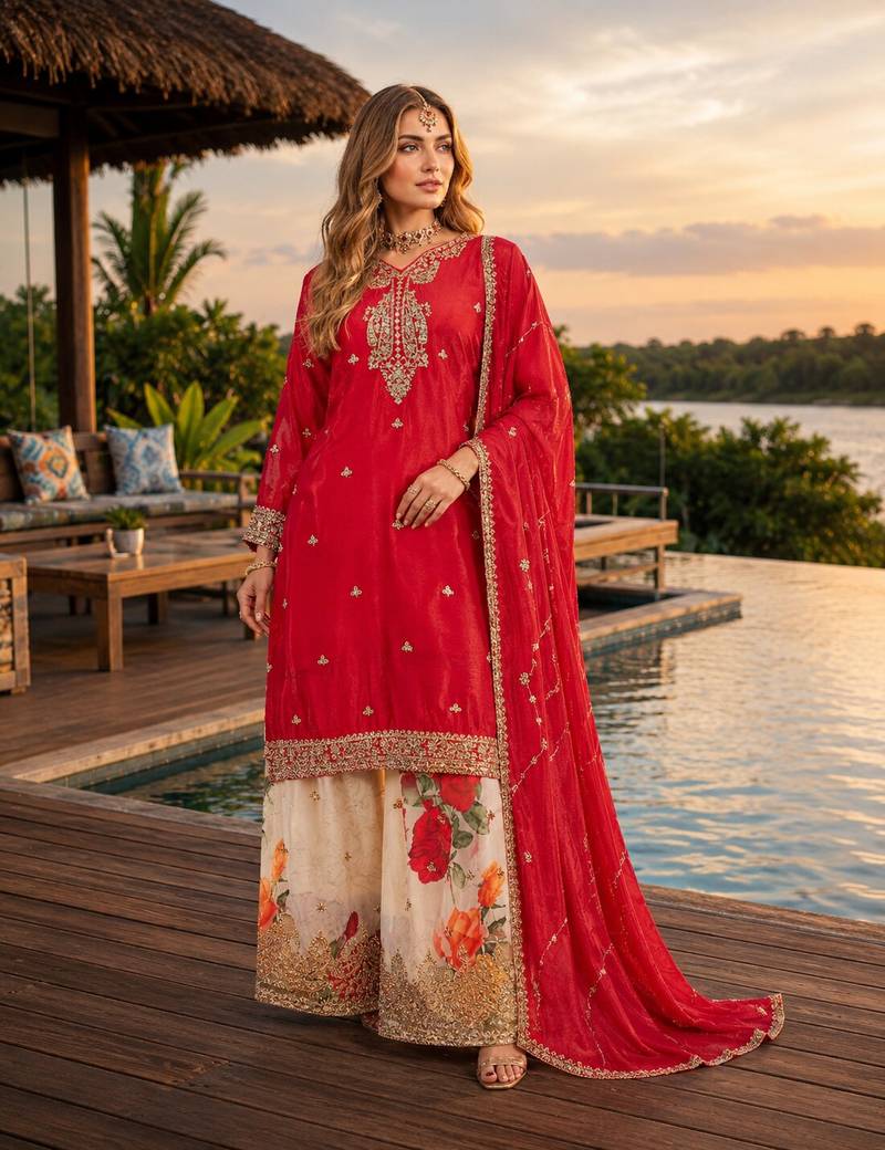 Red chinon free size stitched palazzo suit with codding dori & sequin work