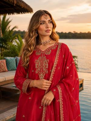Red chinon free size stitched palazzo suit with codding dori & sequin work 2