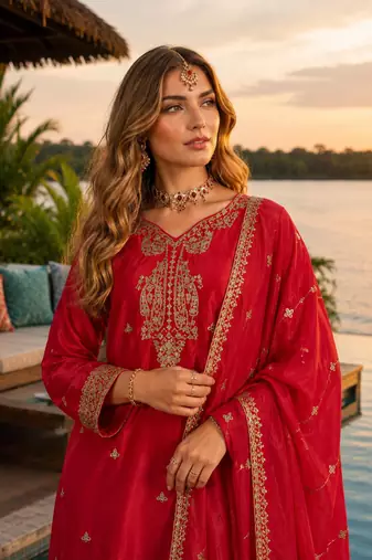 Red chinon free size stitched palazzo suit with codding dori & sequin work