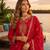Red chinon free size stitched palazzo suit with codding dori & sequin work