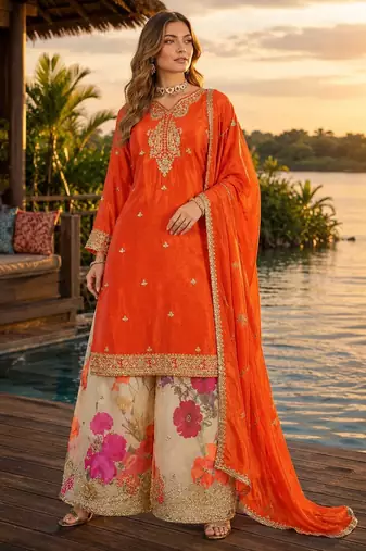 Orange chinon free size stitched palazzo suit with codding dori & sequin work