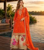 Orange chinon free size stitched palazzo suit with codding dori & sequin work