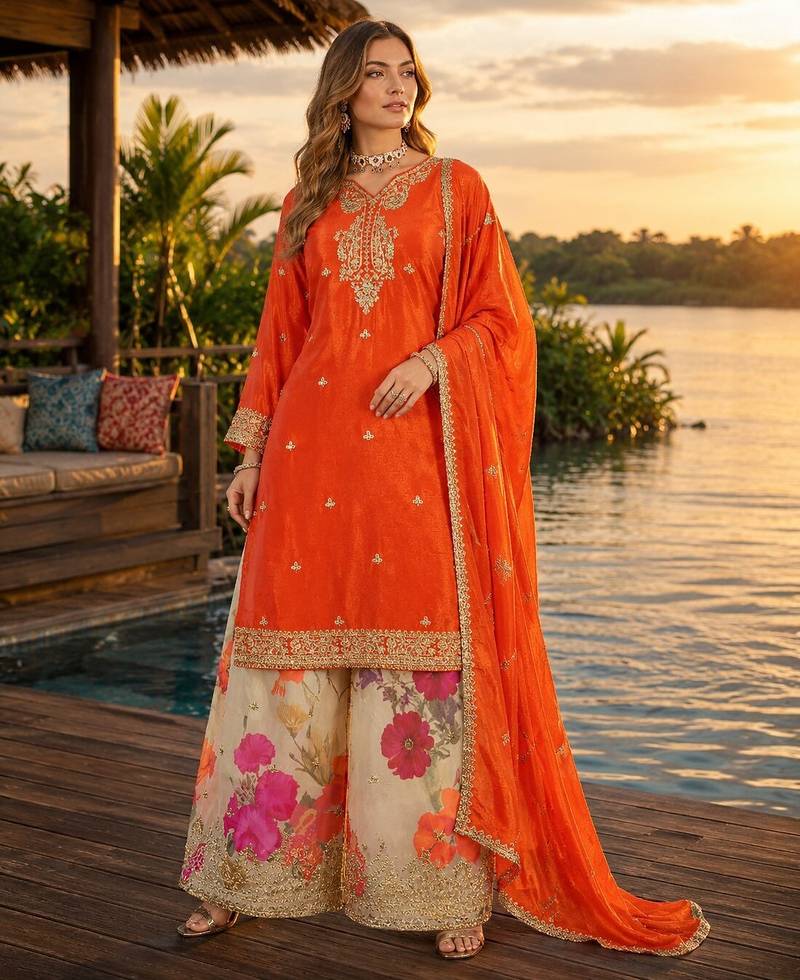 Orange chinon free size stitched palazzo suit with codding dori & sequin work