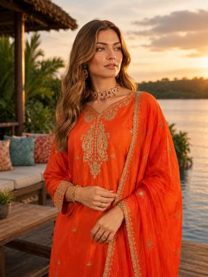 Orange chinon free size stitched palazzo suit with codding dori & sequin work 2