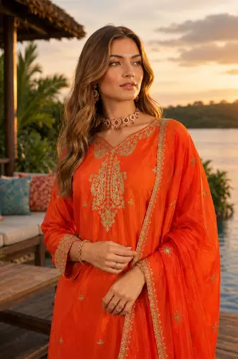 Orange chinon free size stitched palazzo suit with codding dori & sequin work