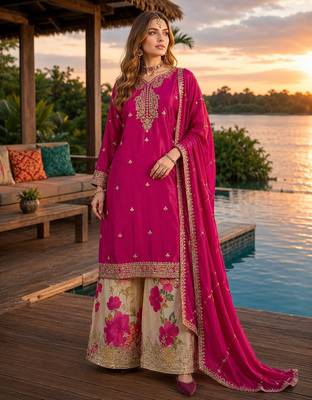 Hot pink chinon free size stitched palazzo suit with codding dori & sequin work 1
