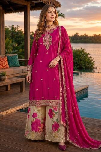 Hot pink chinon free size stitched palazzo suit with codding dori & sequin work