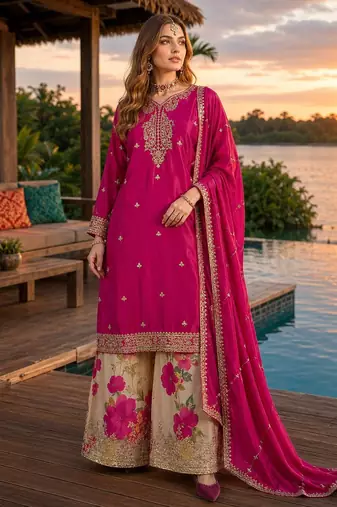 Hot pink chinon free size stitched palazzo suit with codding dori & sequin work