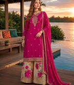 Hot pink chinon free size stitched palazzo suit with codding dori & sequin work