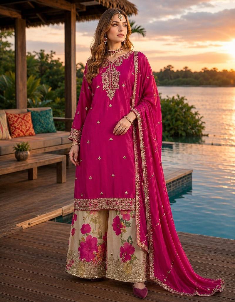 Hot pink chinon free size stitched palazzo suit with codding dori & sequin work