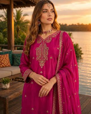 Hot pink chinon free size stitched palazzo suit with codding dori & sequin work 2
