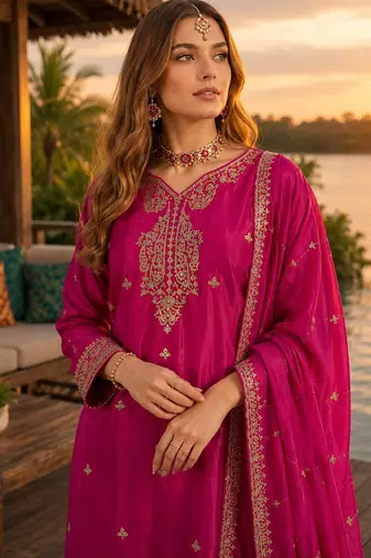 Hot pink chinon free size stitched palazzo suit with codding dori & sequin work