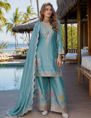 Sky blue chinon free size stitched palazzo suit with dhaga & sequin work 1