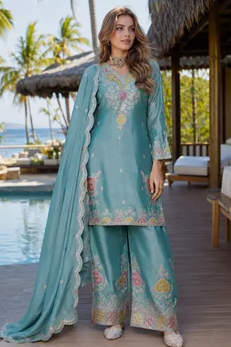 Sky blue chinon free size stitched palazzo suit with dhaga & sequin work