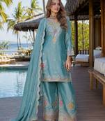 Sky blue chinon free size stitched palazzo suit with dhaga & sequin work