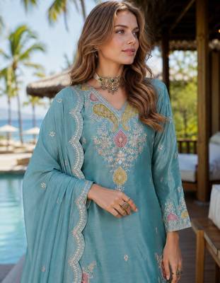 Sky blue chinon free size stitched palazzo suit with dhaga & sequin work 2