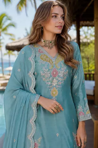 Sky blue chinon free size stitched palazzo suit with dhaga & sequin work