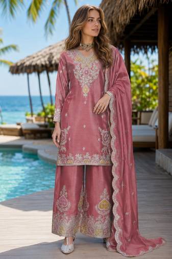 Peach chinon free size stitched palazzo suit with dhaga & sequin work