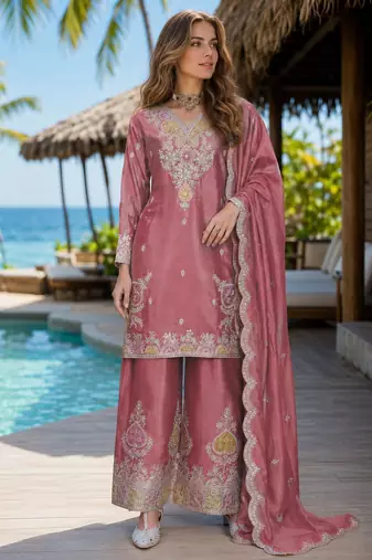 Peach chinon free size stitched palazzo suit with dhaga & sequin work